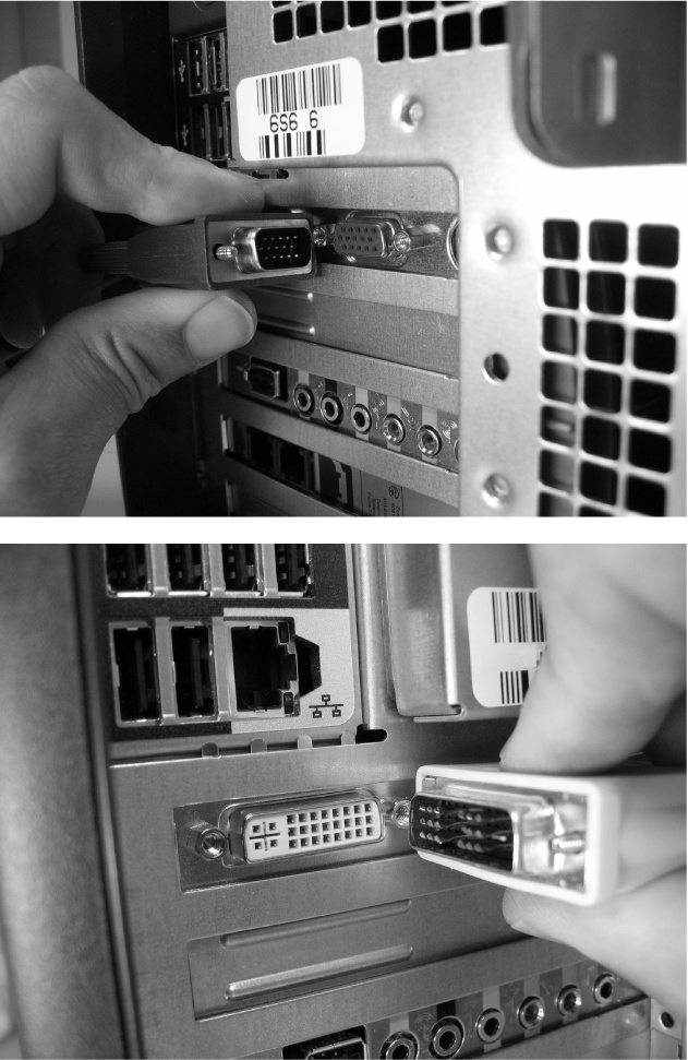 Top: Most monitors plug into a VGA port, found on nearly every PC built in the past 15 years.Bottom: The vastly more expensive digital monitors plug into a digital video port. Unlike most cables, monitor connectors are secured into their jacks with two screws. Turn the two thumbscrews next to the port to tighten them, keeping the monitor’s cable from accidentally falling out of the computer when you move the monitor on your desk.
