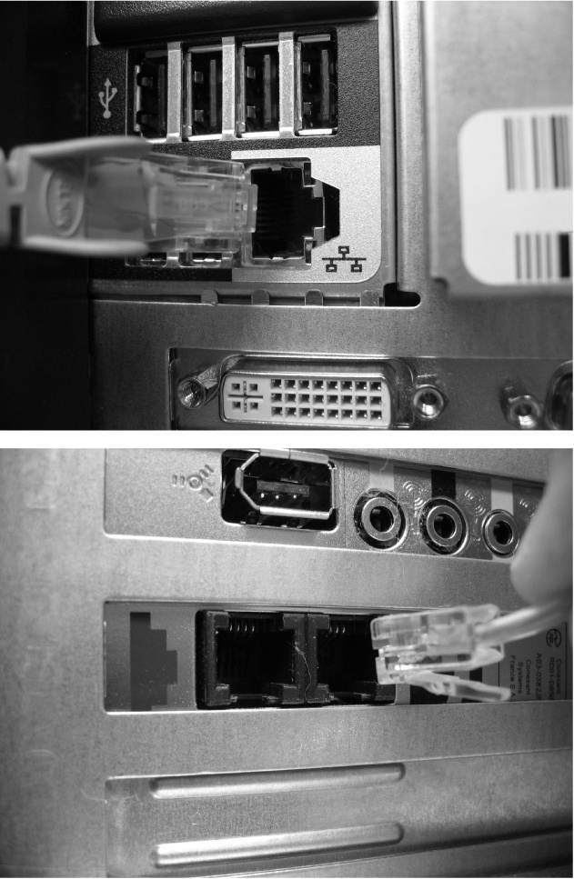Top: It’s easy to confuse an Ethernet port, used for connecting to other computers as well as the Internet, with the plain old phone jack below. They look almost identical. Even worse, the Ethernet and phone jacks usually sit side-by-side on a computer. However, an Ethernet plug is a tad wider than the phone plug, so it never fits into a phone jack.Bottom: Running a phone line between your phone jack and the phone jack in your wall lets your computer connect to the Internet; some computers even use the phone line to send faxes. Although a phone line’s plug fits into an Ethernet port, it feels loose and won’t snap into place.