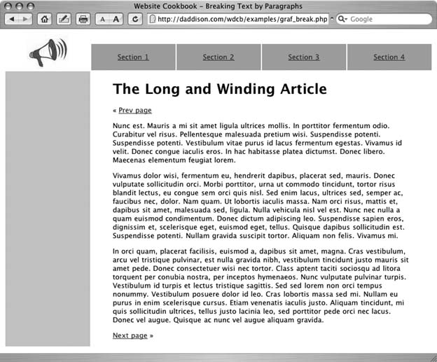 The segmented article has previous and next links to lead the reader through the article over multiple pages