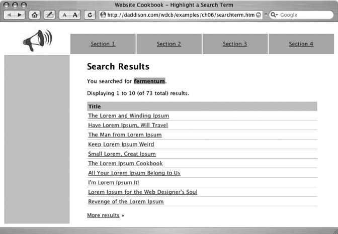 Highlighting the search term on the results page confirms for visitors that they got what they requested