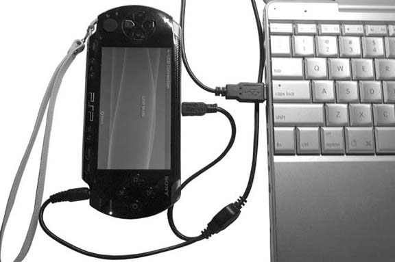 A PSP connected to a PowerBook G4 with a USB to USB mini/Power Adapter by Innovation