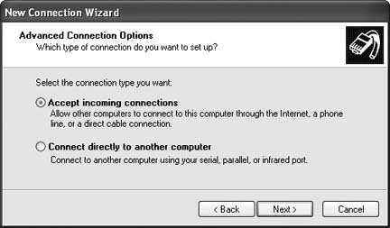 Selecting Accept incoming connections from the Advanced Connection Options dialog box