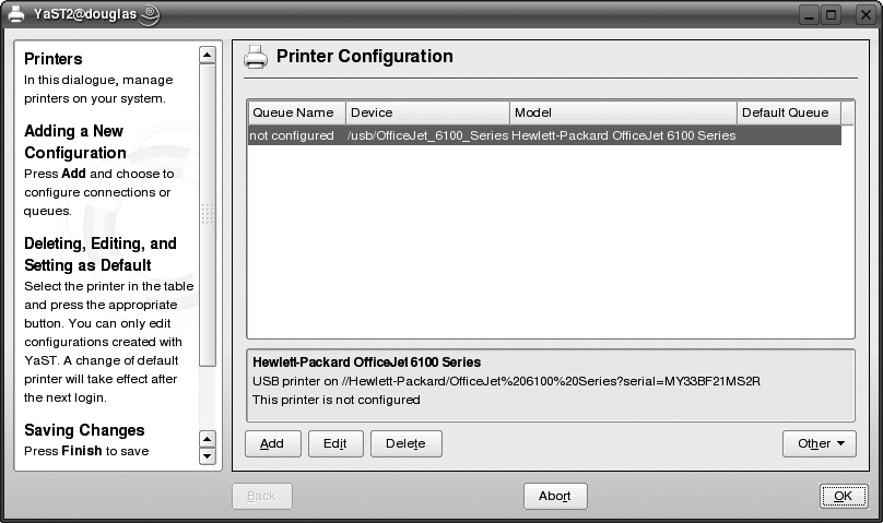 YaST main printer configuration screen
