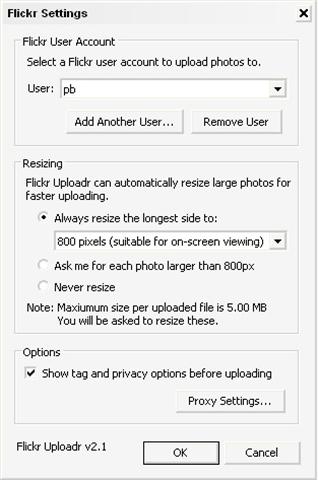 The Flickr Settings window in Uploadr for Windows