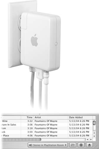 The AirPort Express (top) plugs into a wall outlet and has jacks on the bottom to connect an Ethernet cable, a stereo cable, and even a USB printer cable, so you can beam your documents to a connected printer. Once the AirPort Express is connected, select its name in the iTunes pop-up menu (bottom) to stream music from your Mac or PC to the connected stereo or speakers.