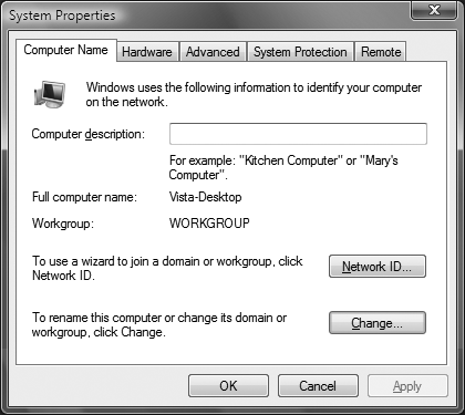 The System Properties dialog box, which lets you connect to a domain or workgroup and change your domain or workgroup