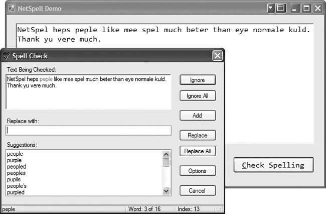 NetSpell’s dialog in front of a user-created Windows Form