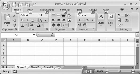 When you press Alt, Excel helps you out with KeyTips next to every tab, over the Office menu, and over the buttons in the Quick Access toolbar. If you follow up with M (for the Formulas tab), youâll see letters next to every command in that tab, as shown in Figure I-6.