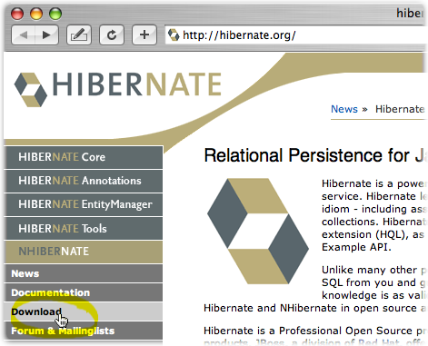 Download link on the Hibernate home page
