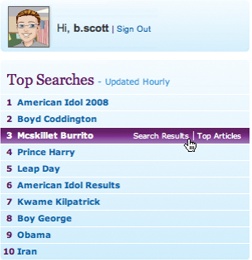 Yahoo! Buzz reveals additional tools for the top searches when the user hovers over each item