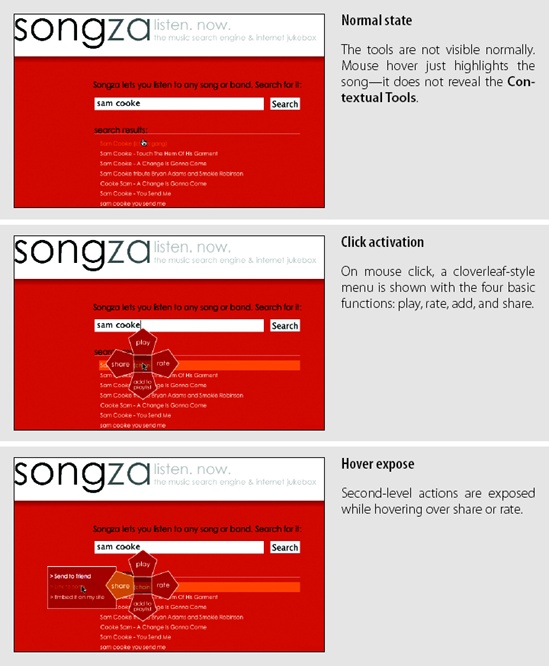 Songza uses a multi-level contextual tool menu