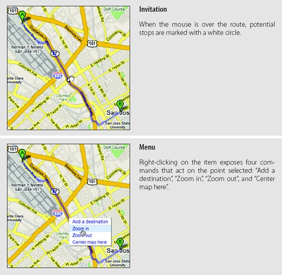 Google Maps uses a right-click menu to add new route stops or to adjust the map around the current point on the route