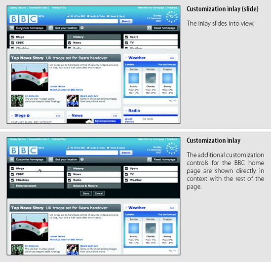 The BBC home page puts its customization tools in an inlay that slides out when activated