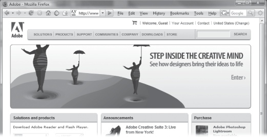 Over half of the banner ads you see on the Web were produced using Flash. The best ones combine creativity with action. Here, Magritte-like characters float up into the air, suspended from their umbrellas. Clicking the banner zips you to a different Web page, where you can place an order online.