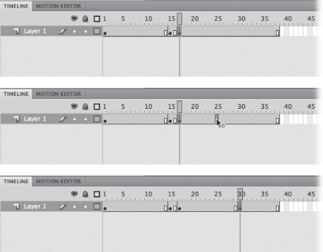 Top: Click to select the frame you want to move, and then let go of your mouse. Then, drag to move the frame.Middle: As you make the move, Flash displays a highlighted frame, or group of frames if you selected more than one.Bottom: Here, you can tell the frame moved to frame 30 because the keyframe and end frame indicators have disappeared from their original locations (Frames 16 and 17) and reappeared in their new locations (Frames 29 and 30).