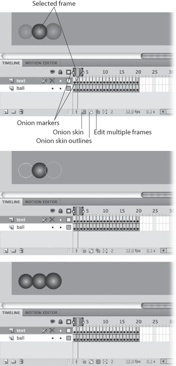 Top: Click the Onion Skin button, and the image for selected frame appears bold. The images on the adjacent frames appear faded out.Middle: Click Onion Skin Outlines, and images on the non-selected frames appear as outlines.Bottom: Click the Edit Multiple Frames button, and all the images within the onion markers appear 100% opaque.