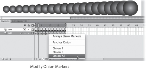 Here you see the result of selecting Onion All. The onion markers surround the entire frame span (Frame 1 through Frame 20) and all 20 images appear on the same stage, ready for you to edit en masse.