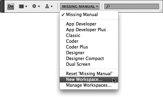 The Application bar’s “Workspace switcher” menu lets you choose one of the eight workspaces already set up in the program, or a workspace you’ve created. For example, the Missing Manual option pictured here is a custom workspace. If you accidentally move a panel out of position, you can return the current workspace to its original setup by selection the Reset option at the bottom of this menu.