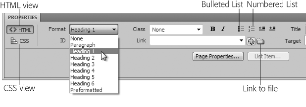 The Property inspector includes two views: HTML and CSS. The HTML view, shown here, lets you control the HTML tags applied to text: created bulleted lists, paragraphs, create links, and so on. The CSS view provides a simple interface for creating Cascading Style Sheets so you can format text to look great.
