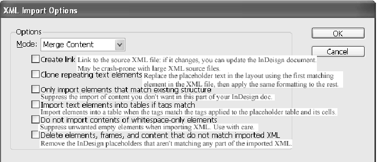 The XML Import Options dialog with annotations