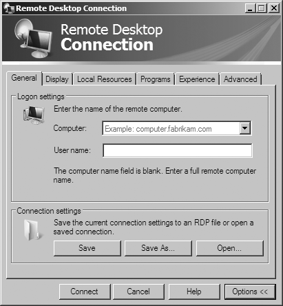 The basic Remote Desktop Connection screen