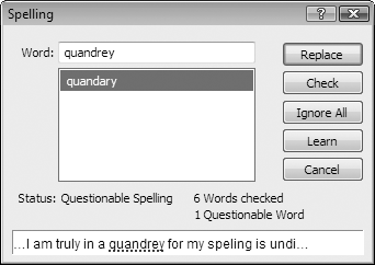 The spell checker found a typo—“quandrey.” You can see the misspelled word in the Word box and underlined in red in the box at the bottom of the window. If FileMaker figures out the correct spelling, it selects it in the list under the Word box. And if you’re the type who calculates your gas mileage every time you fuel up, you’ll be delighted to discover that FileMaker keeps track of how many words you’ve spelled wrong so far, and tells you at the bottom of the window.