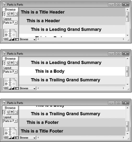 This series of images shows the same layout in form view as you scroll. In the top image, the window is scrolled all the way to the top.Middle: It’s scrolled halfway down the layout.Bottom: Finally, you can see the layout scrolled all the way to the bottom. In form view, the entire layout, including all parts, scrolls as one unit.