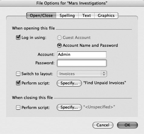 The Open/Close tab of the File Options window (File → File Options) lets you tell FileMaker what to do when a user opens or closes a file. Most of this window is devoted to the things that happen when a file opens. Only the last checkbox (under “When closing this file”) has to do with which script should run when the file closes.