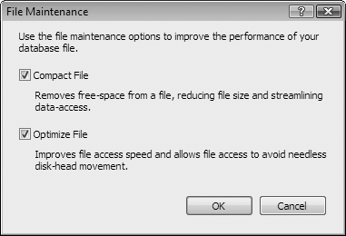 The File Maintenance dialog box (File → File Maintenance) lets you compact and optimize your files. You get to decide which to do by turning on or off the appropriate checkboxes. You’re free to do either of these, or do both at once. Each takes quite a bit of time on a large file, so plan ahead.