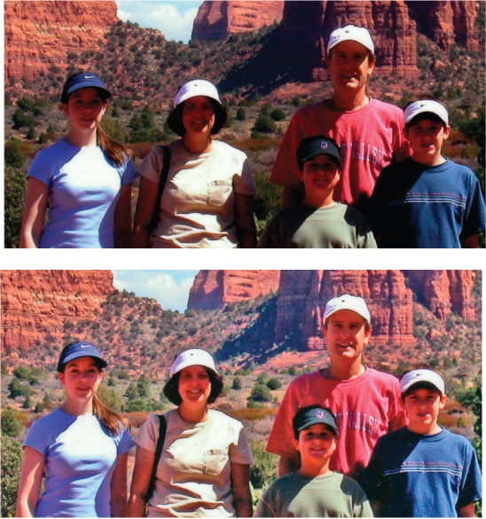 Top: This photo shows a classic vacation picture problem: The day is bright, the scenery's beautiful, but everyone's faces are hidden in the dark shadows cast by their hats.Bottom: The Shadows and Highlights tools brought back everyone's faces, but now they look a tad orange. Use the color sliders to make them look healthy again.