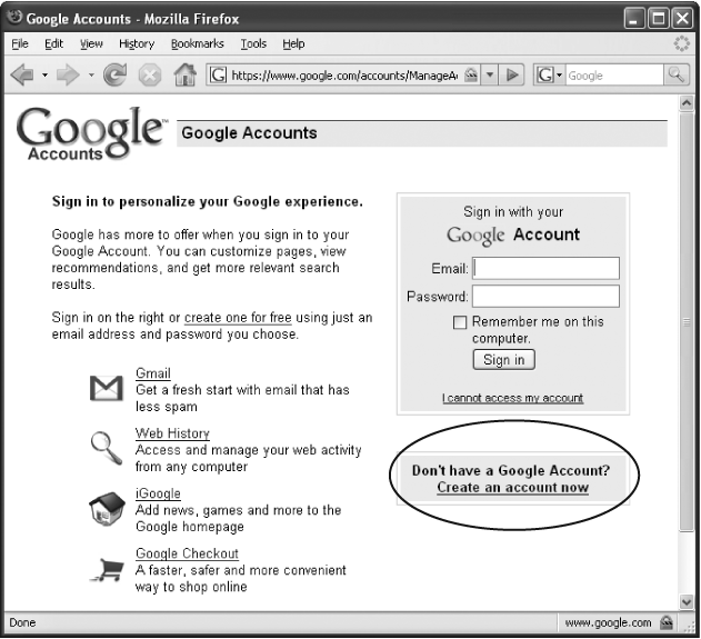 Clicking the “Sign in” link on Google’s home page takes you here. The left-hand side of the page tempts you with various programs you can use once you sign up. The right-hand side is where you’ll sign into the Google Account you’re about to create. To get started, click “Create an account now” (circled).