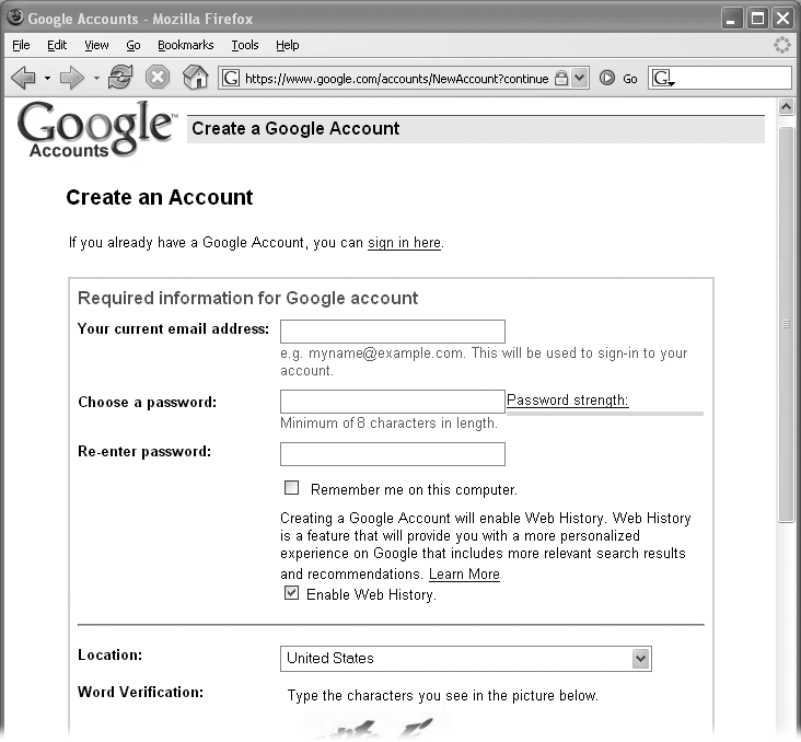 Here’s the page you fill out to create a new account. It asks for pretty basic info: You supply an email address, a password, and your country, and then fill out the spam-preventing word verification box (you can’t see it here) and agree to Google’s terms of service (see the box on ).