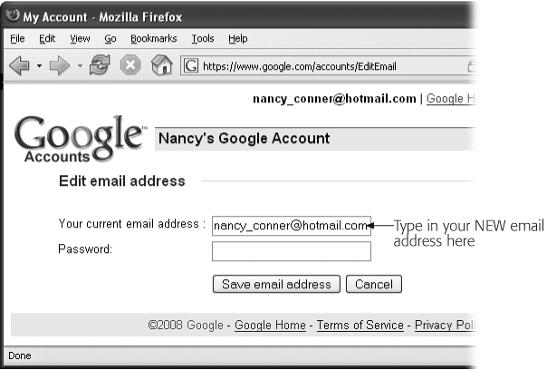 On the “Edit email address” page, the address you currently use to sign into your Google Account appears in the box. Replace that address with the new one, and then, in the Password box, type your Google Account password (not the password for the email address you entered).