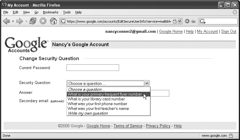 When you sign up for Gmail, you have to provide a security question and answer. If you want, you can change those here.