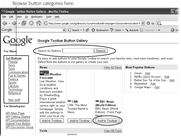 The Button Gallery offers a wealth of specialized toolbar buttons for every interest. To browse within a category, choose one from the left-hand menu. Or use the Search box (circled) to find buttons related to a particular word or phrase (like career or travel). The top five most-added buttons appear in the box on the right. When you find a button you want to add to your Toolbar, click its “Add to Toolbar” button (also circled).