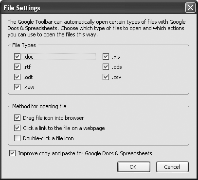 The File Settings box lets you control which kinds of files Google Docs opens automatically, and what steps you need to take to open those files.