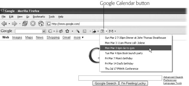 Click the Google Calendar button’s drop-down arrow to see upcoming events (up to 10) scheduled in the Calendar. Click an event to edit it in Google Calendar.
