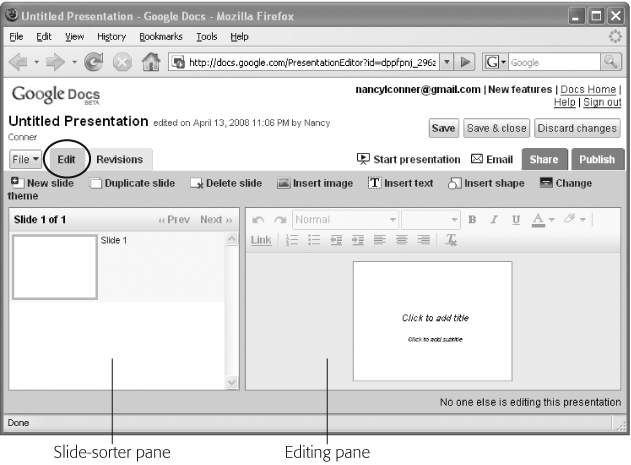 Creating a new presentation opens this window, with the Edit tab (presentations)Edit tab (circled) selected. Use the editing pane (right) to create and edit slides. The slide-sorter pane (left) shows multiple slides in the presentation—once you’ve created them. You can select, insert, move, copy, and delete slides in this pane.