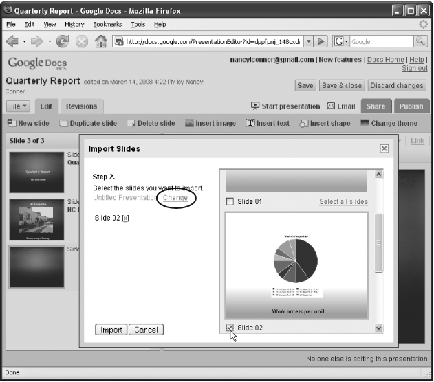 The presentation you’re importing from appears in the box on the right. Select a slide by turning on its checkbox, which adds the slide to the list on the left. To deselect a slide, either turn off its checkbox or click the X by that slide’s name in the list. If you want to open a different presentation in the Import Slides box, click the Change link (circled). You can import slides from just one presentation at a time.