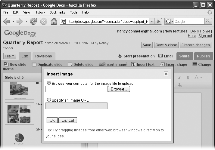 Tell Google where to find the image you want to insert. If you’re transferring an image from a Web site (make sure you have permission to use it), put the two browser windows side by side, and then click the image and drag it onto your slide.