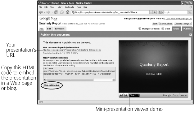 On the left side of the Publish tab is the URL of the published presentation, along with some HTML you can use to embed the presentation in a Web page or blog. (An embedded slideshow appears in a mini-viewer like the one on the right.) Click “Stop publishing” (circled) if you want to take the published presentation off the Web.