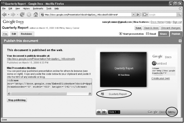 When someone viewing an embedded presentation clicks the Menu button (circled), the mini-viewer’s contents change. People who have permission to collaborate on your presentation can go straight to it in Google Docs by clicking the presentation’s name (also circled). To the right of the slide is the HTML that people can use to embed the presentation in their own Web pages.