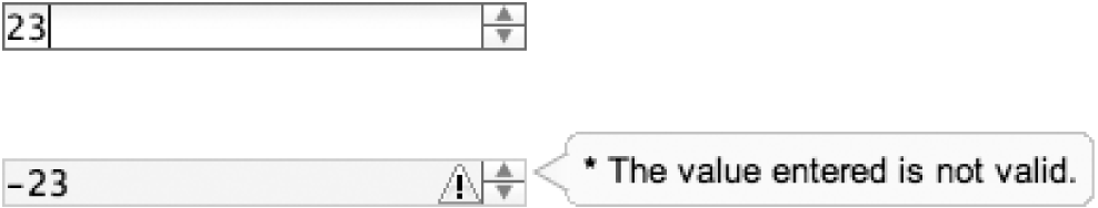 Left: a NumberSpinner dijit changing its value via keyboard or mouse control; right: the default display when manual keyboard entry enters a value that is out of bounds