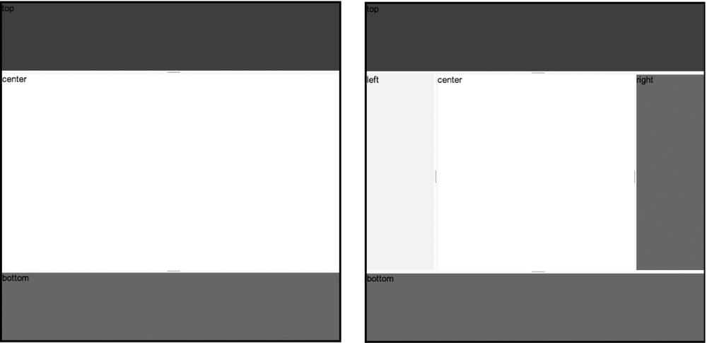 Left: the BorderContainer before adding in additional panels on the left and right; right: the BorderContainer after adding in left and right panels