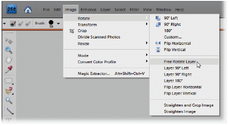In a Missing Manual, when you see “Image → Rotate → Free Rotate Layer,” that’s a quicker way of saying, “Go to the menu bar, click Image, slide down to Rotate, and then, from the pop-up menu, choose Free Rotate Layer.”