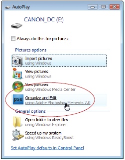Adobe’s Photo Downloader is yet another program you get when you install Elements. Its role in life is to pull your photos from your camera (or other storage device) into the Organizer. To use the Downloader, just click “Organize and Edit using Adobe Photoshop Elements 7.0” (circled). After the Downloader does its thing, you end up in the Organizer.