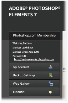 Once you sign into your Photoshop.com account, the Welcome screen offers you the choice of going directly to your account settings, your backup settings, your Web gallery (Online Albums, ), or to the tutorials (see ). You also see a link to your personalized Web address (a helpful reminder if you tend to be forgetful).