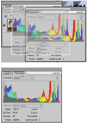You can combine two or more palettes once you’ve dragged them out of the bin.Top: The Histogram palette is being pulled into, and combined with, the Layers palette. To combine palettes, drag one of them (by clicking on the palette’s name bar) and drop it onto the other palette.Bottom: To switch from one palette to another after they’re grouped, just click the tab of the one you want to use. To remove a palette from a group, simply drag it off the palette window. If you want to return everything to how it looked when you first launched Elements, then go to Window → Reset Palette Locations.