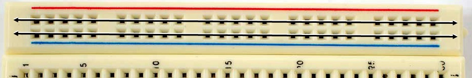 Top of a breadboard with lengthwise rows