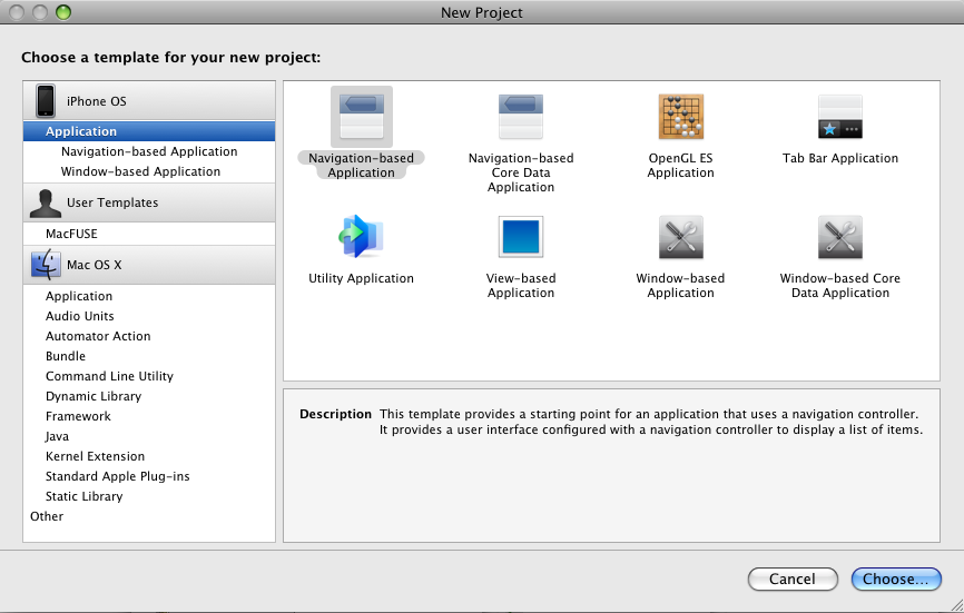 New Project dialog in Xcode